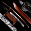 A red blade Katana sword and its decorative scabbard displayed on a wooden sword stand, with product highlights above and below.