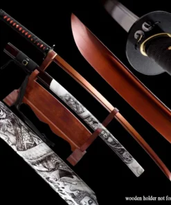 A red blade Katana sword and its decorative scabbard displayed on a wooden sword stand, with product highlights above and below.