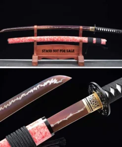 A red bladed Katana sword and its scabbard displayed on a wooden sword stand, and product highlights below.