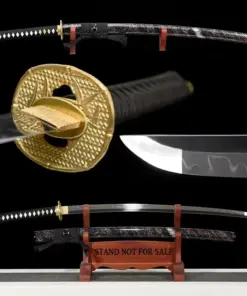 A Japanese Katana saber sword and its scabbard displayed on a wooden stand, with a sheathed Katana and sword highlights above.