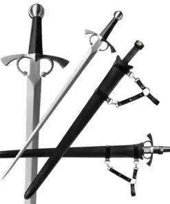 An arming sidesword displayed next to its scabbard, along with sword highlights.