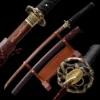 A red blade Katana sword and its blood red scabbard displayed on a wood stand, with product highlights above and below.