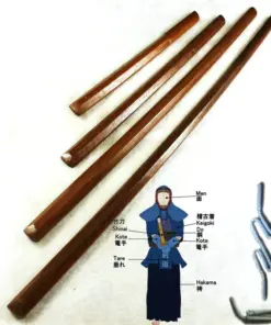 Four wooden Suburito bokken training swords of differing sizes, displayed above a model-man, demonstrating bokken usage.