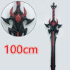 A fantasy toy sword with product highlight and sizing information.