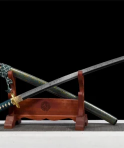 A T10 steel Katana displayed crossed against its scabbard, leaning against a small sword-stand.