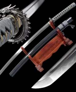 A T8 Katana displayed next to its scabbard, on a small wooden sword-stand.