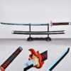 A wooden Katana sword and its scabbard displayed on a stand, with product highlights below.