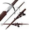 A two handed longsword displayed next to its leather scabbard, along with sword highlights.