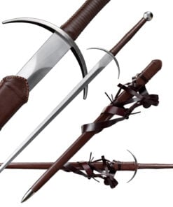 A two handed longsword displayed next to its leather scabbard, along with sword highlights.