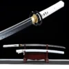 A Japanese Samurai Katana and its scabbard with a white color scheme, displayed on a wooden sword stand, and sword highlight above.