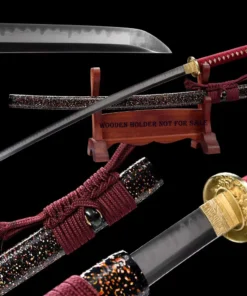A red Katana sword and its decorative scabbard displayed on a small wooden stand, with sword highlights both above and below.