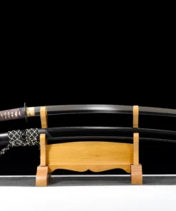 A brown Katana sword and its black scabbard displayed on a small wood stand.