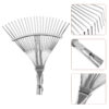 A stainless steel leaf rake, with product highlight examples.
