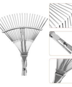 A stainless steel leaf rake, with product highlight examples.