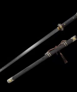 A tang Dao black sword, displayed next to its dark scabbard.