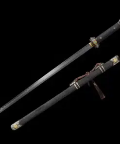 A Chinese Tang Dao sword, displayed next to its black sword scabbard.