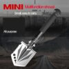 A small folding multi purpose shovel with product information above and a city in the background.