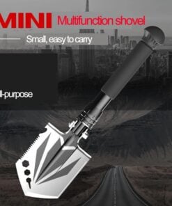 A small folding multi purpose shovel with product information above and a city in the background.