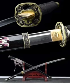 A Japanese Tachi sword and its scabbard leaning against a small wooden stand, with sword highlights above.