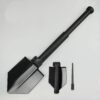 A extended folding shovel, with the same shovel shown below in a fully folded position, next to a small hand saw.