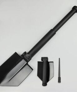 A extended folding shovel, with the same shovel shown below in a fully folded position, next to a small hand saw.