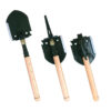 Three folsing shovels displayed next to each other, with their spade heads in differing positions.