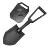 A three-way folding shovel displayed next to its black sheath.