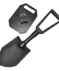 A three-way folding shovel displayed next to its black sheath.