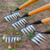 Four garden hand rakes of differing size displayed on earth ground, along with a close-up of the rake head below.