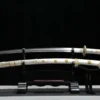 A Katana Tachi sword displayed next to its decorative scabbard, on a small wooden sword-stand.