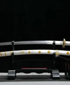 A Katana Tachi sword displayed next to its decorative scabbard, on a small wooden sword-stand.