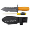A metal detecting trowel, coin probe tool and tool pouch.