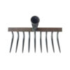 A steel rake head with nine curved prongs.