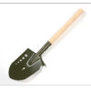 A military shovel with a green spade head and a wooden handle.