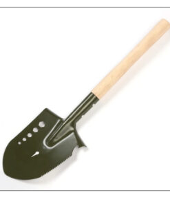 A military shovel with a green spade head and a wooden handle.