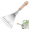 A mini stainless steel garden rake with a wooden handle, along with a small product demonstration picture below.