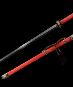 A tang Dao red sword, displayed next to its decorative scabbard.