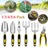 Six small garden tools of differing size and utility displayed, along with use case examples above.