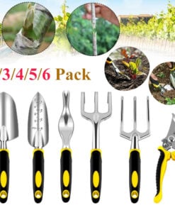 Six small garden tools of differing size and utility displayed, along with use case examples above.