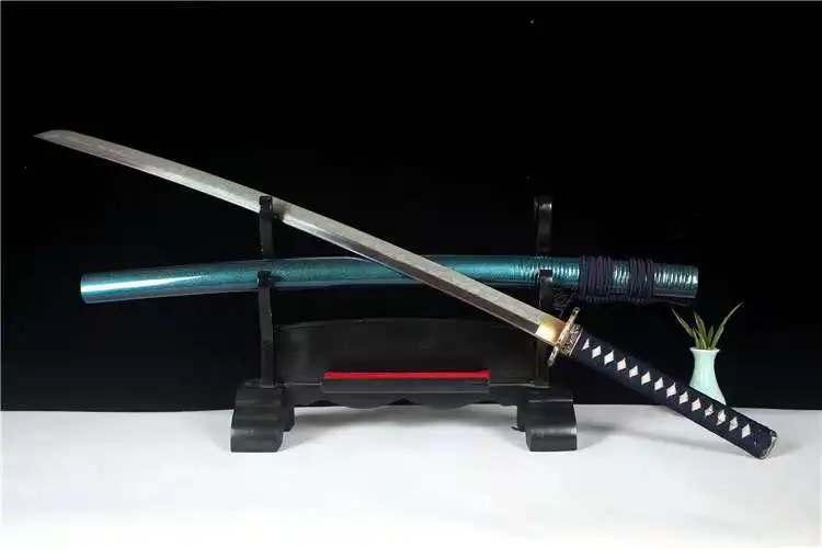 T10 Steel Sword A T10 steel sword displayed next to its scabbard, leaning against a small wooden stand.