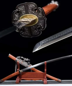 A Tachi Japanese sword and its wooden scabbard leaning against a small sword stand.