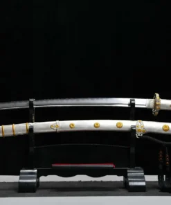 A Tachi sword saber displayed next to its decorative scabbard, on a small wooden sword-stand.