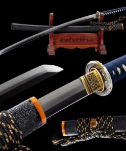 An Uchigatana sword and its scabbard displayed on a small wooden stand, with sword highlights below.