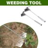 Two weed removal tools of differing design, along with a product use example below.