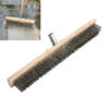 A wire broom brush head, with demonstration of product use above.