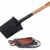 A WW2 German shovel displayed next to its leather sheath.