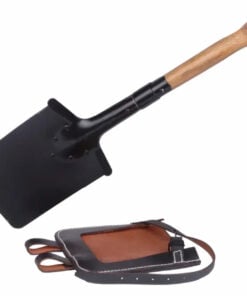 A WW2 German shovel displayed next to its leather sheath.