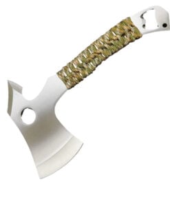 A full tang, mini axe hatchet with a para-cord handle wrap.