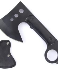 A short, small axe displayed next to its sheath.