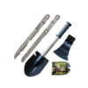 A camping tool kit, with complete shovel, axehead, knife, saw and carry pouch displayed.